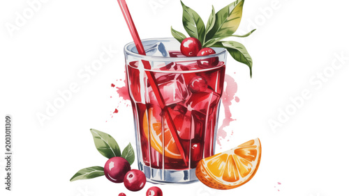 Colorful refreshing cocktail with fruit garnish and straw Vector