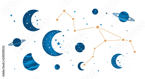 Collection of moon phases stars planets and constellations