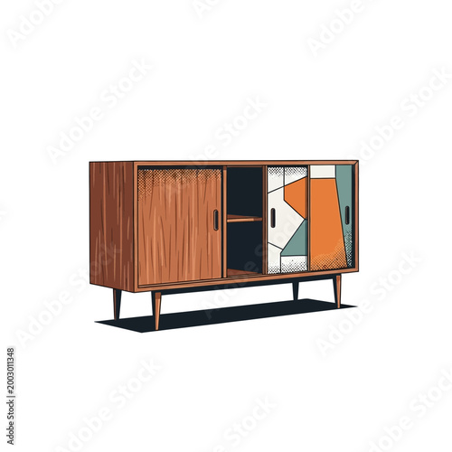 Mid-century modern sideboard with geometric pattern doors and wood grain texture