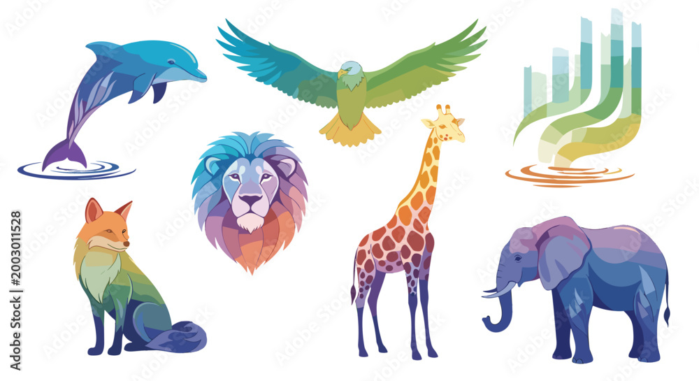 Fototapeta premium Collection of colorful animals including lion fox giraffe