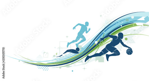 Dynamic athletes running and sprinting on abstract background