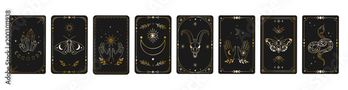 Set of mystical tarot cards templates with celestial symbols, crystals, moth, snake, hands, stars, and occult elements in elegant golden line art on black background,astrology, and boho design.Vector