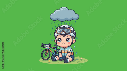 Sad Cyclist Sitting Beside Bicycle Under Rainy Cloud Cartoon Illustration.