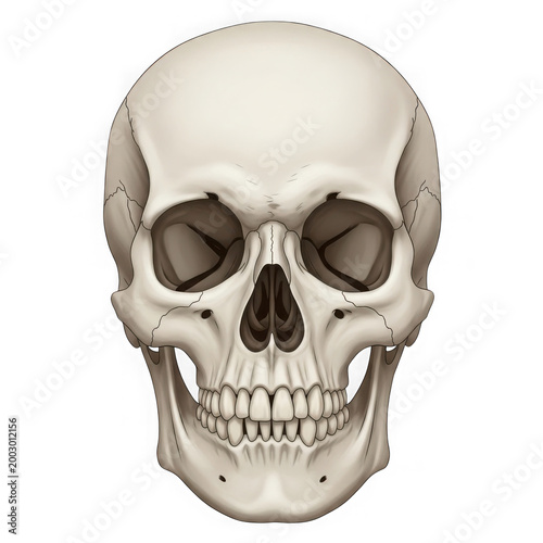 Human skull anatomical structure model isolated on transparent png studio backdrop.