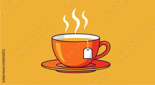Minimalist tea cup vector illustration, steaming hot orange ceramic mug with tea bag, cozy morning beverage icon on yellow background
