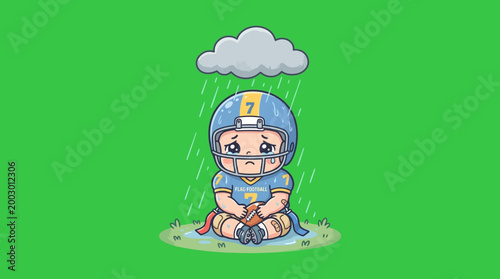 Sad Football Player Sitting in the Rain with Tears and Disappointment.