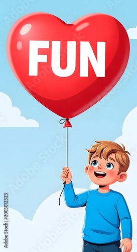 Happy young boy holding a bright red heart shaped balloon with the word fun printed on it in a clear blue sky background