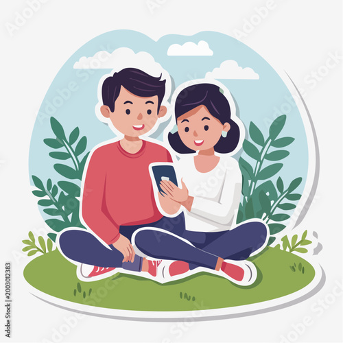 Couple Sitting Outdoors Looking at Smartphone