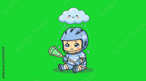 Sad Lacrosse Player Under Rain Cloud Cartoon Illustration.