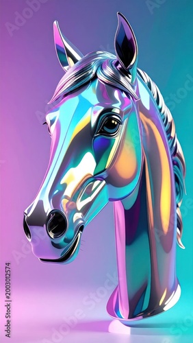 A photorealistic, metallic horse head sculpture with iridescent, colorful reflections