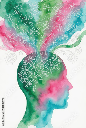 Profilo umano con onde cerebrali creative in acquerello astratto