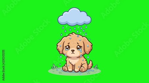 Sad puppy dog cartoon character under a rainy cloud, feeling blue.
