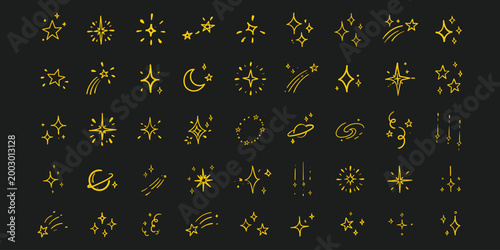 Quadro su tela Golden sparkling stars hand drawn, yellow twinkle elements, hand drawn icon stars