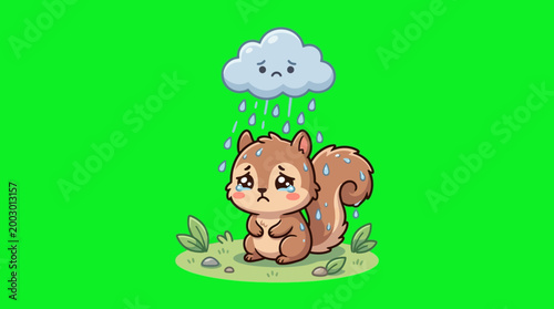 Sad Squirrel Under a Rainy Cloud - Cartoon Illustration on Green Screen.