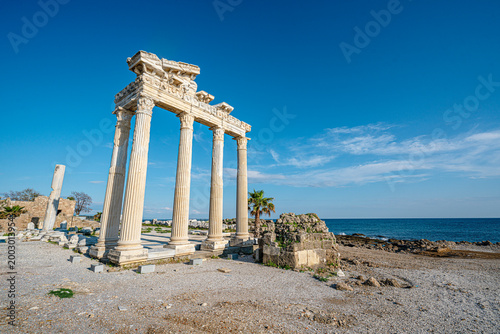 The scenic views of the Temple of Apollo (Apollon Tapınağı) is a Roman temple built around 150 A.D. during the Pax Romana era in the ancient Pamphylian town of Side, in southern Turkey on the Mediterr