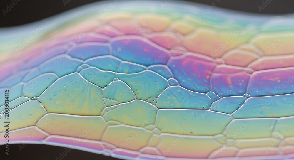 Fototapeta premium Macro Close-Up of Iridescent Soap Bubbles Forming a Mosaic Pattern, Abstract Rainbow Colors