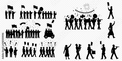 Silhouettes of people marching, protesting, and celebrating in various crowd formations with flags and banners.