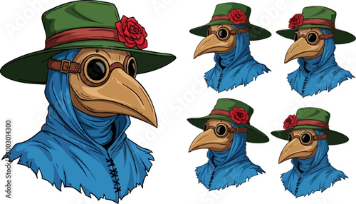 Plague doctor vector character set, medieval physician with bird beak mask and green hat, gothic steampunk healer avatar collection