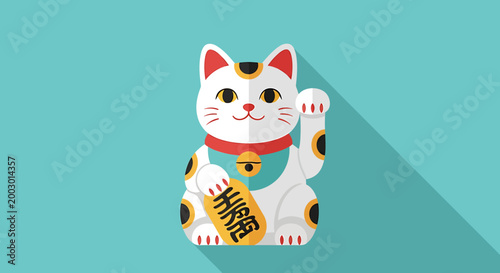 A flat design illustration of a white Maneki-neko cat with a raised paw and a bell, set against a teal background with a long shadow.