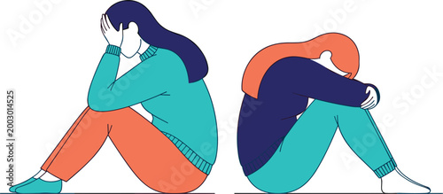 Depressed Woman Sitting Alone Illustration Collection with Sad Female Characters Mental Health Stress Anxiety Emotional Support Awareness Vector Set