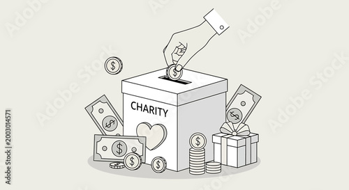 A hand is dropping a coin into a charity donation box, surrounded by cash, coins, and a gift box, symbolizing generosity and giving.
