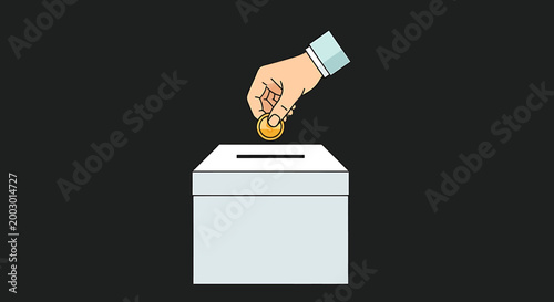 A hand drops a coin into a white ballot box, symbolizing voting or donation.