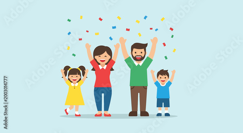 A joyful family of four, including parents and two young children, celebrating with their arms raised amidst falling confetti.