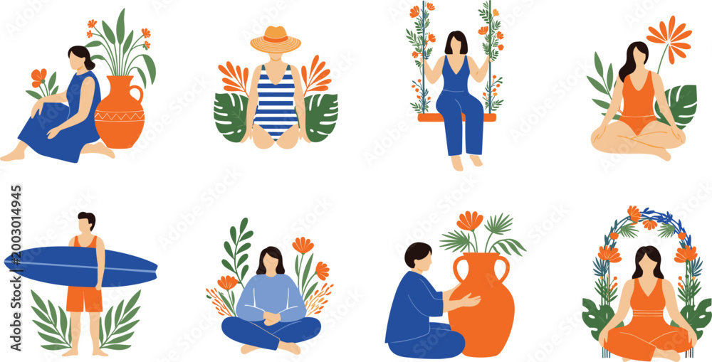 Fototapeta premium Women Relaxation and Lifestyle Collection with Yoga Meditation Surfing Reading Gardening Floral Decor Calm Female Activities Vector Illustration Set