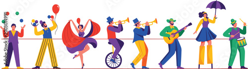 Street Festival Performer Collection with Juggler Dancer Unicyclist Trumpet Player Guitarist Umbrella Artist Parade Entertainment Vector Illustration Set