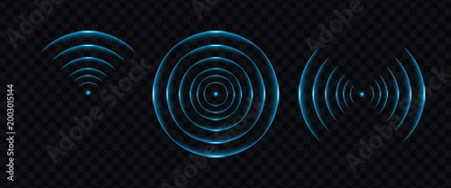 Round light effect. Wifi range. Sound wave. Signal concentric circle. Radio station signal. Water ripple with circle waves. A place or a painful point. Radar screen. Vector effect.