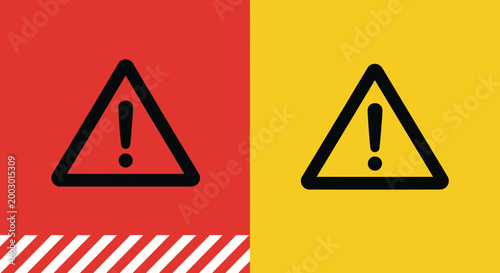 Dual Warning Exclamation Triangle Symbols on Red and Yellow Backgrounds for Caution Alert Graphic.