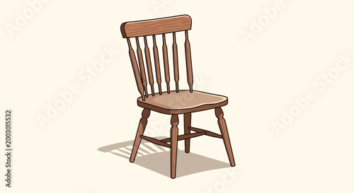 Wooden kitchen chair with spindle back and upholstered seat, isolated on cream background