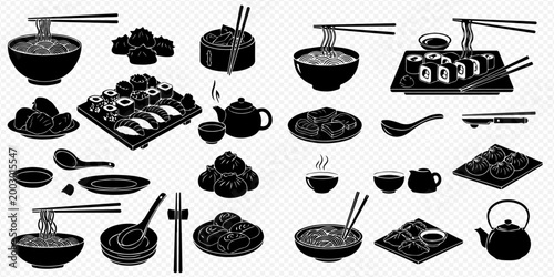 Collection of traditional Asian food and drink silhouettes including sushi, noodles, dumplings, and tea sets.