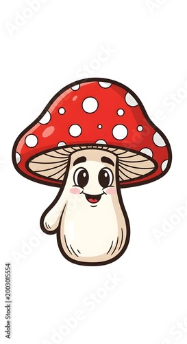 Cheerful and Adorable Cartoon Mushroom Character with a Bright Red Spotted Cap and Friendly Smile, Perfect for Whimsical Nature-Themed Designs, Children's Books, and Playful Illustrations