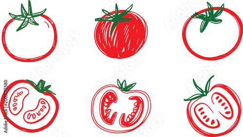 Hand Drawn Tomato Illustrations Showing Different Slices and Whole Fruits