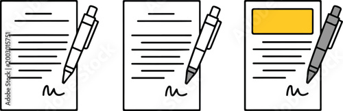 Minimalist line art illustration of document signing icons with pen signature and highlighter on white background