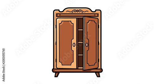 Open wooden wardrobe with decorative details