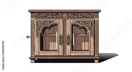 Ornate wooden cabinet with carved details and glass doors, vintage style