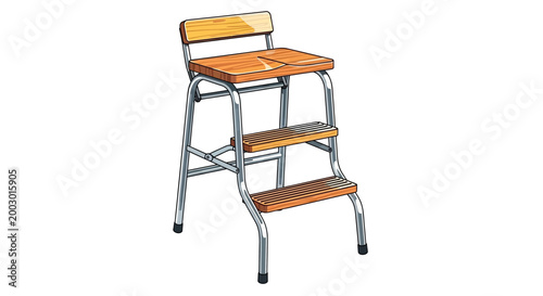 Retro wooden step stool with metal frame and seat