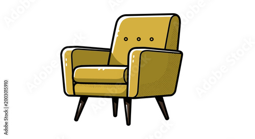 Retro yellow armchair with mid-century modern design on white background