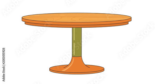 Round wooden table with orange base and green pedestal, isolated on white