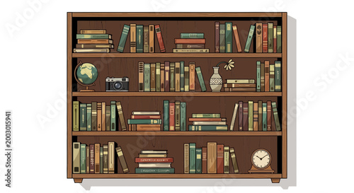 Vintage Bookshelf with Globe, Camera, and Clock