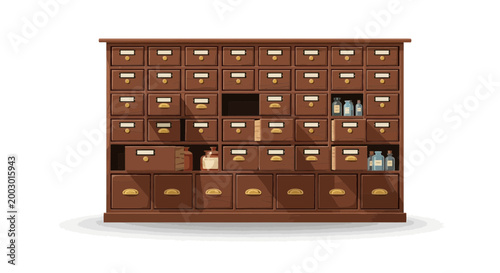 Vintage Apothecary Cabinet with Drawers and Bottles