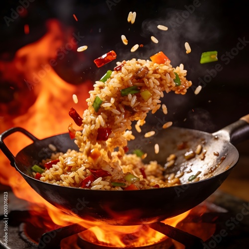 Stir-Frying Fried Rice in a Wok Over Open Flame