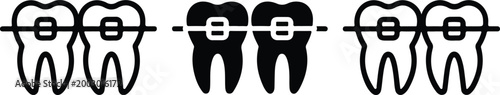 Minimalist dental braces vector icon set featuring teeth alignment with wire and brackets in outline and silhouette designs for orthodontics medical clinic and oral healthcare.