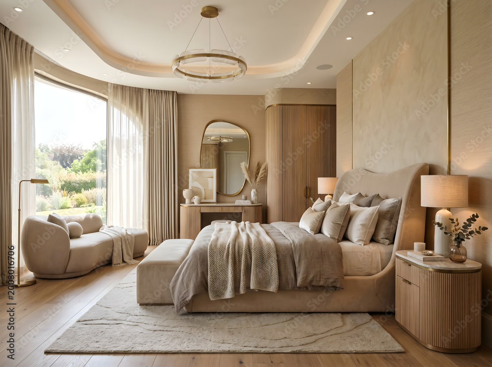 Fototapeta premium Luxurious beige bedroom interior with large window and comfortable furnishings