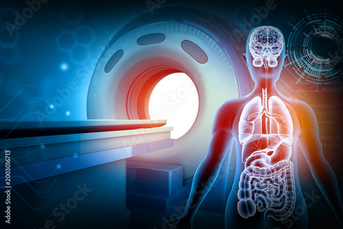 Advanced MRI scanner performing a comprehensive diagnostic medical scan of the internal human body anatomy. 3d illustration