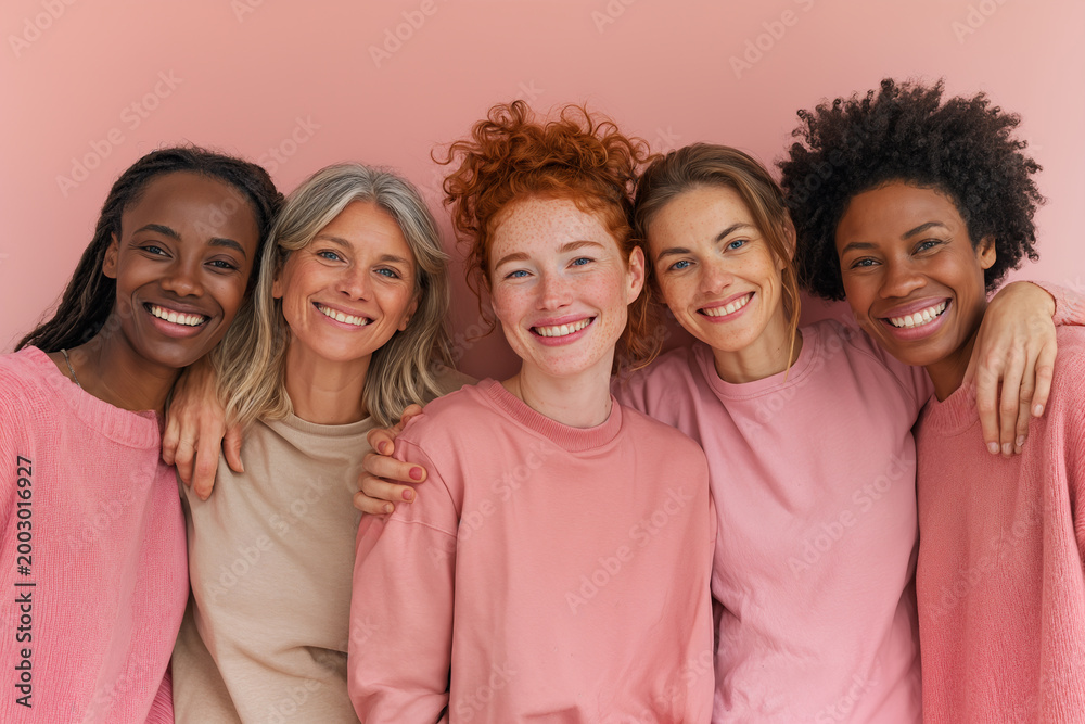 Fototapeta premium Women's Community Embracing Diversity and Friendship in Casual Style on Pink