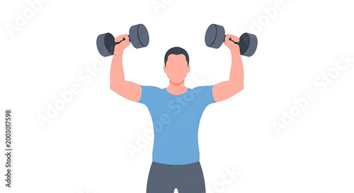 Fitness, exercise, workout, dumbbell, illustration, vector graphics, man lifting weights, blue shirt, gray shorts, flat design, colorful, gym, training, sports