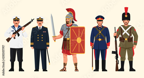 Group of men dressed in various historical military uniforms including a Roman soldier a sailor and officers from different eras.